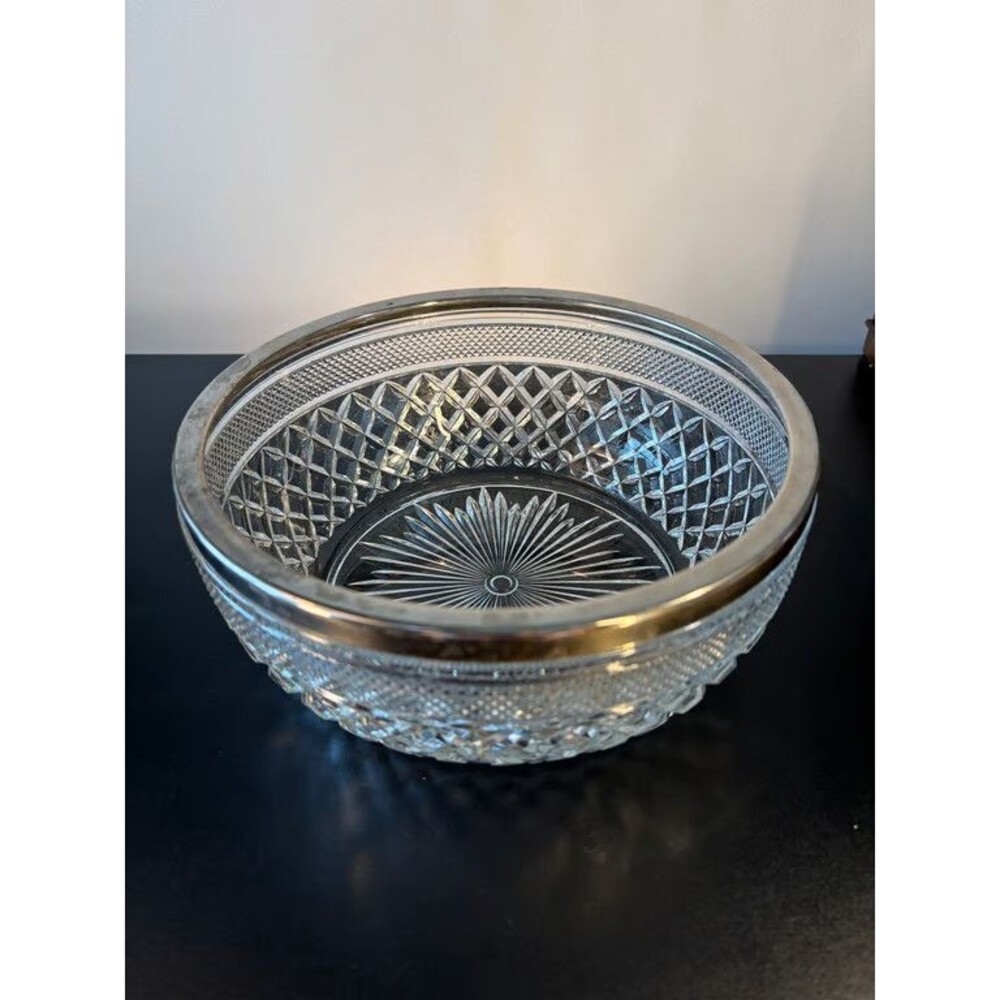 Cut Crystal Bowl Silver Tone Rim Vintage Table Decor